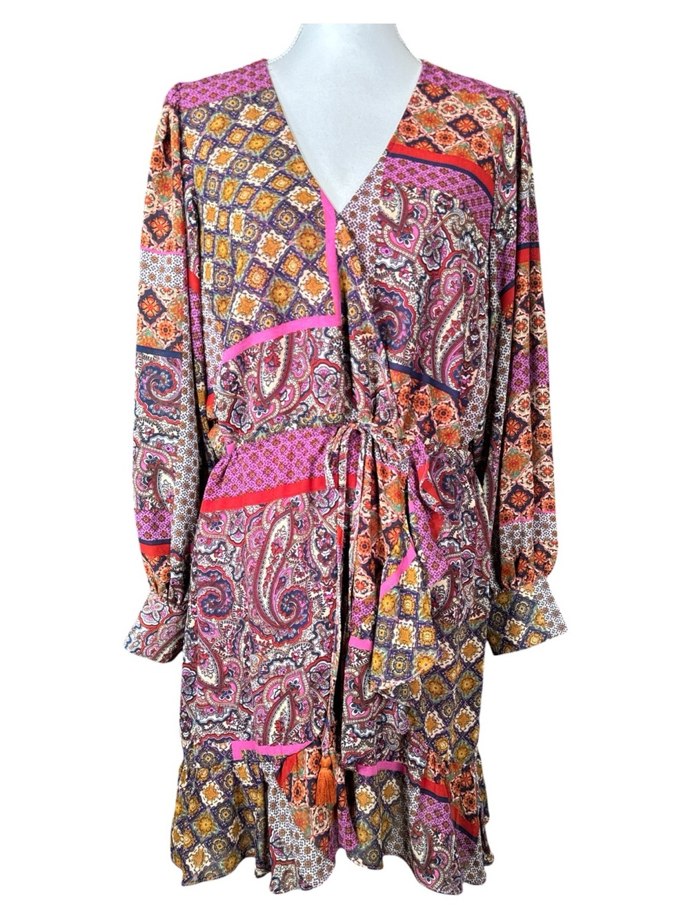 AAKAA Boho Paisley Patchwork Faux Wrap Mini Dress
